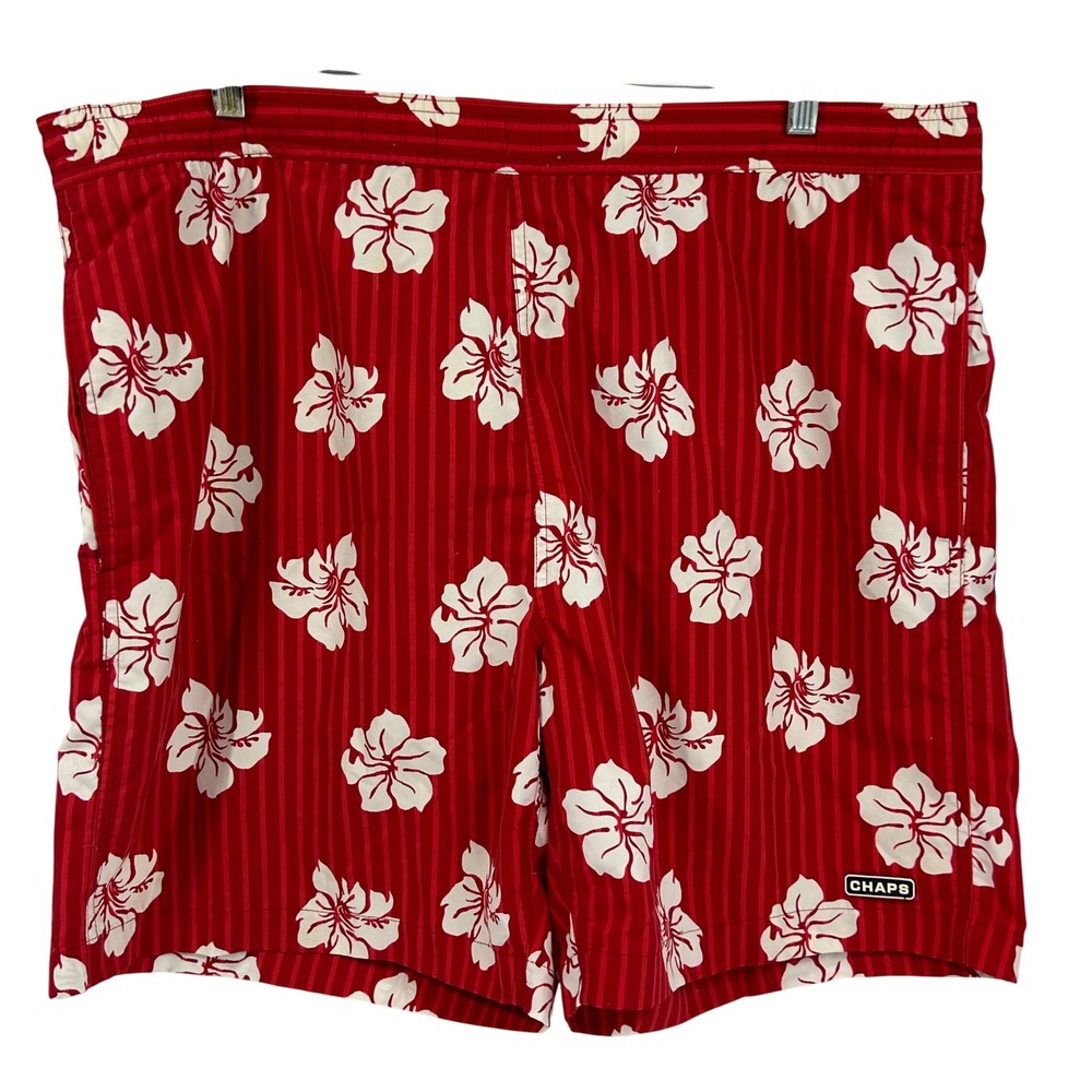 Chaps Mens Red Hibiscus Floral Striped Swim Trunks Mesh Lined Size‎ Large
